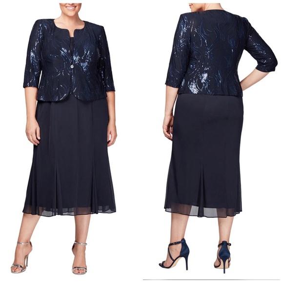 NWT/ NWOT Alex Evenings Tea Length Firework Sequin Jacket Dress Navy - Picture 4 of 16